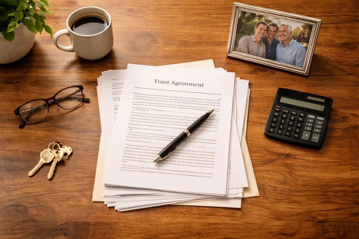 Estate planning documents, pen, glasses, and family photo on wooden desk