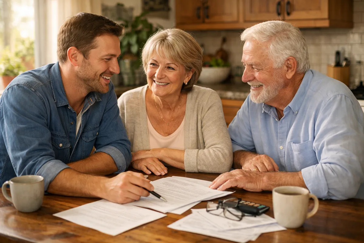 Family sitting together at kitchen table reviewing estate planning documents