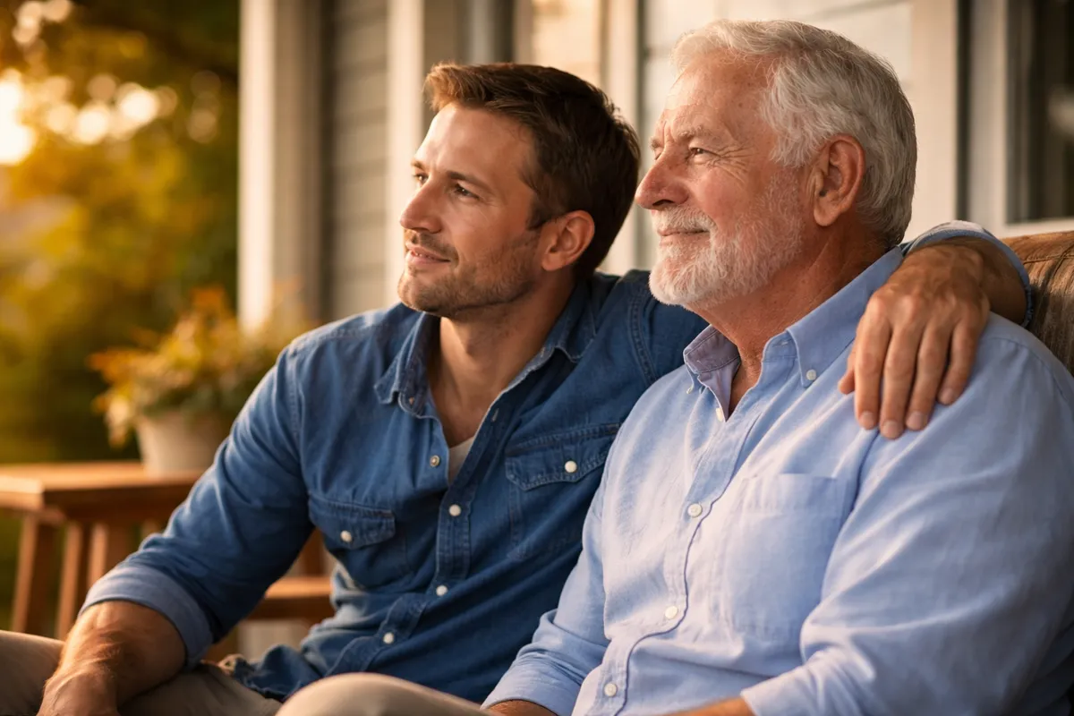 Adult son sitting with elderly father on porch in afternoon light