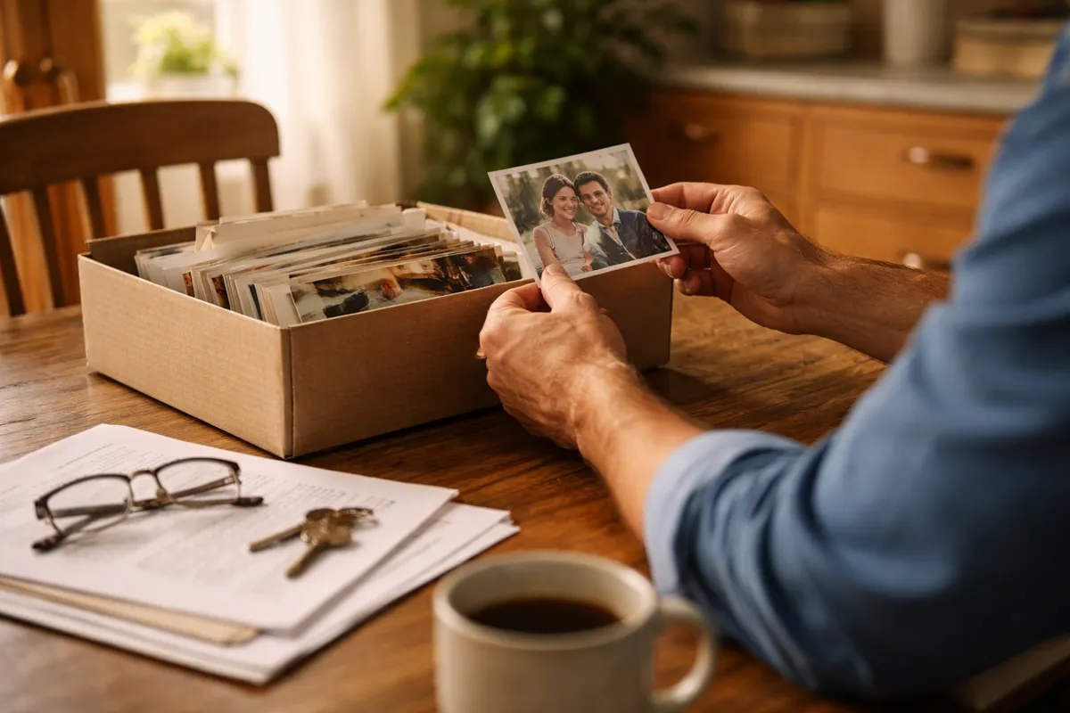 Person at table with family photos, documents, and keys settling an estate