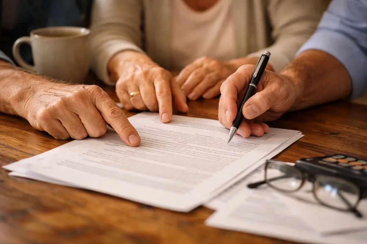 Family hands reviewing legal documents together on kitchen table