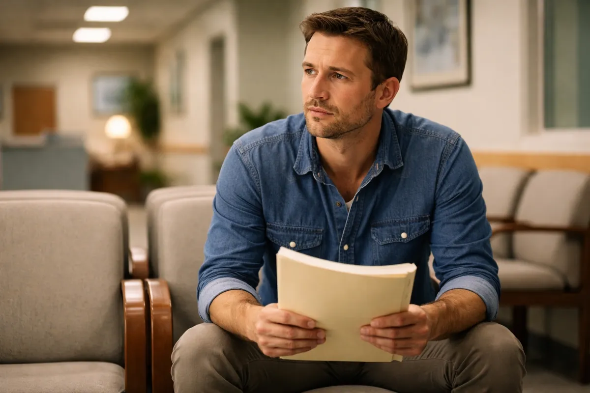 Adult child in waiting room holding paperwork, taking action under pressure